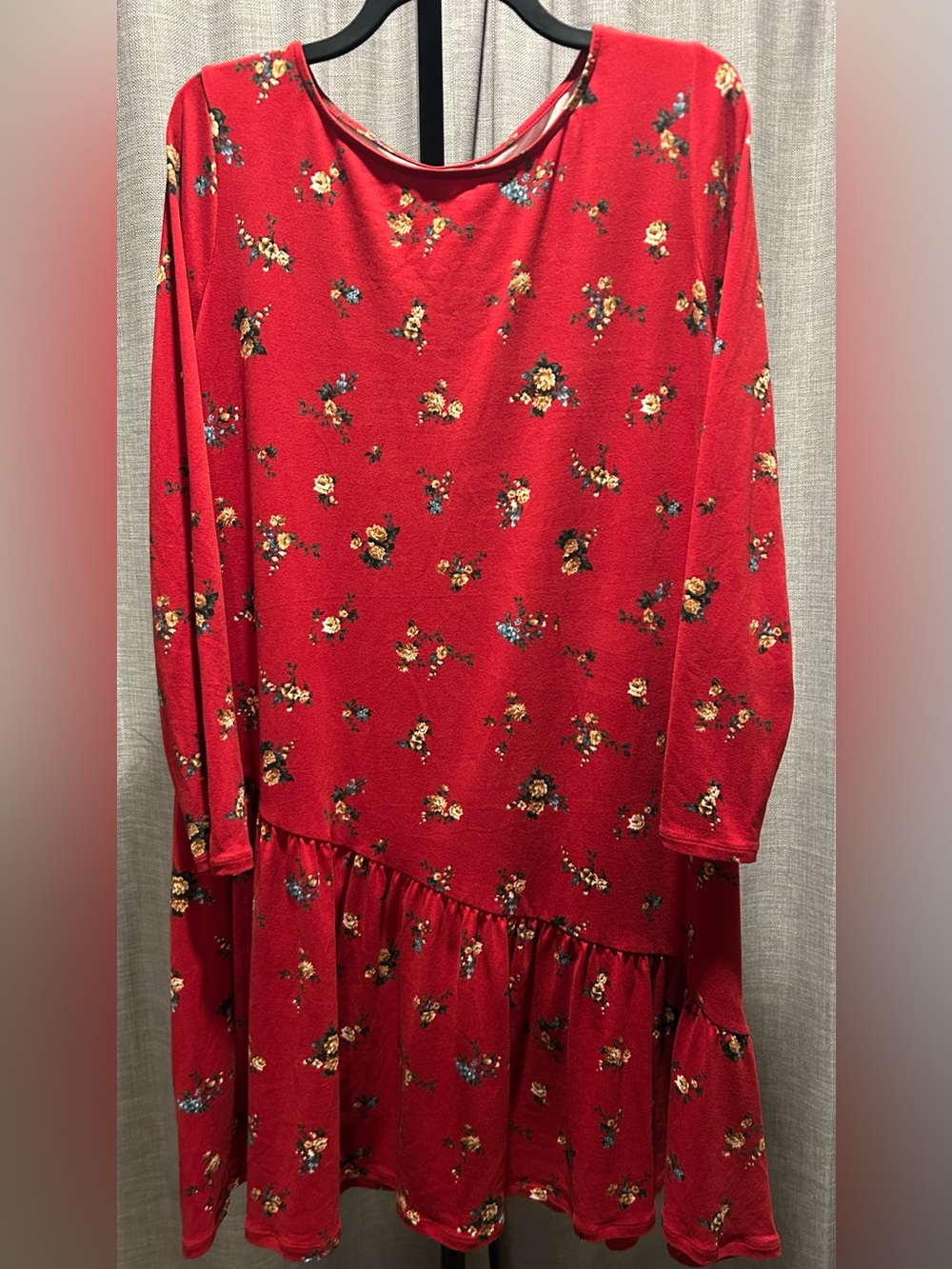 love, Fire Red Floral Tiered Long-Sleeve Casual Dress